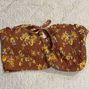 Floral Smocked Brown Bandeau Bikini Top